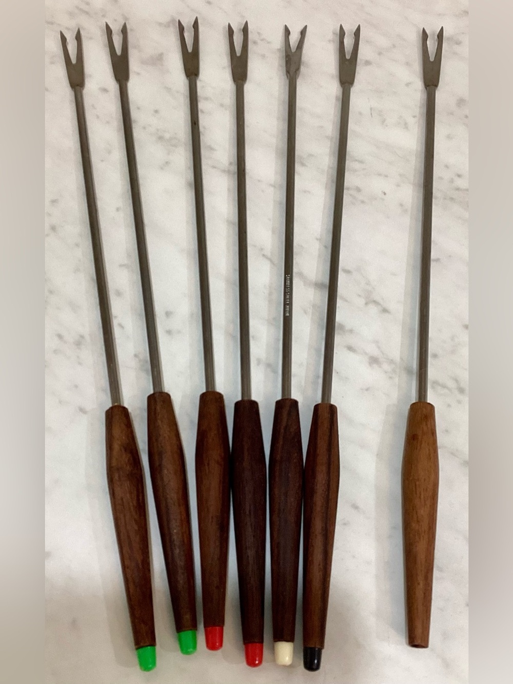 Vintage MCM Fondue Forks Set of 6 + 1 Bonus Extra Teak Wood Stainless Japan